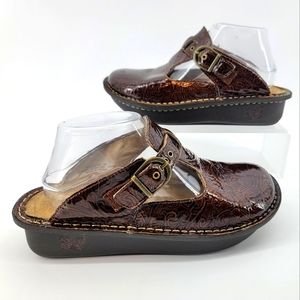 Alegria Brown Embossed Leather Buckle Clog Mules